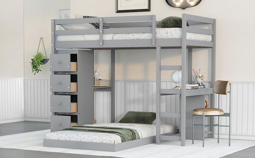 Euroco Twin Over Twin Loft Bed with Four Drawers and Ladder for Kids, Gray