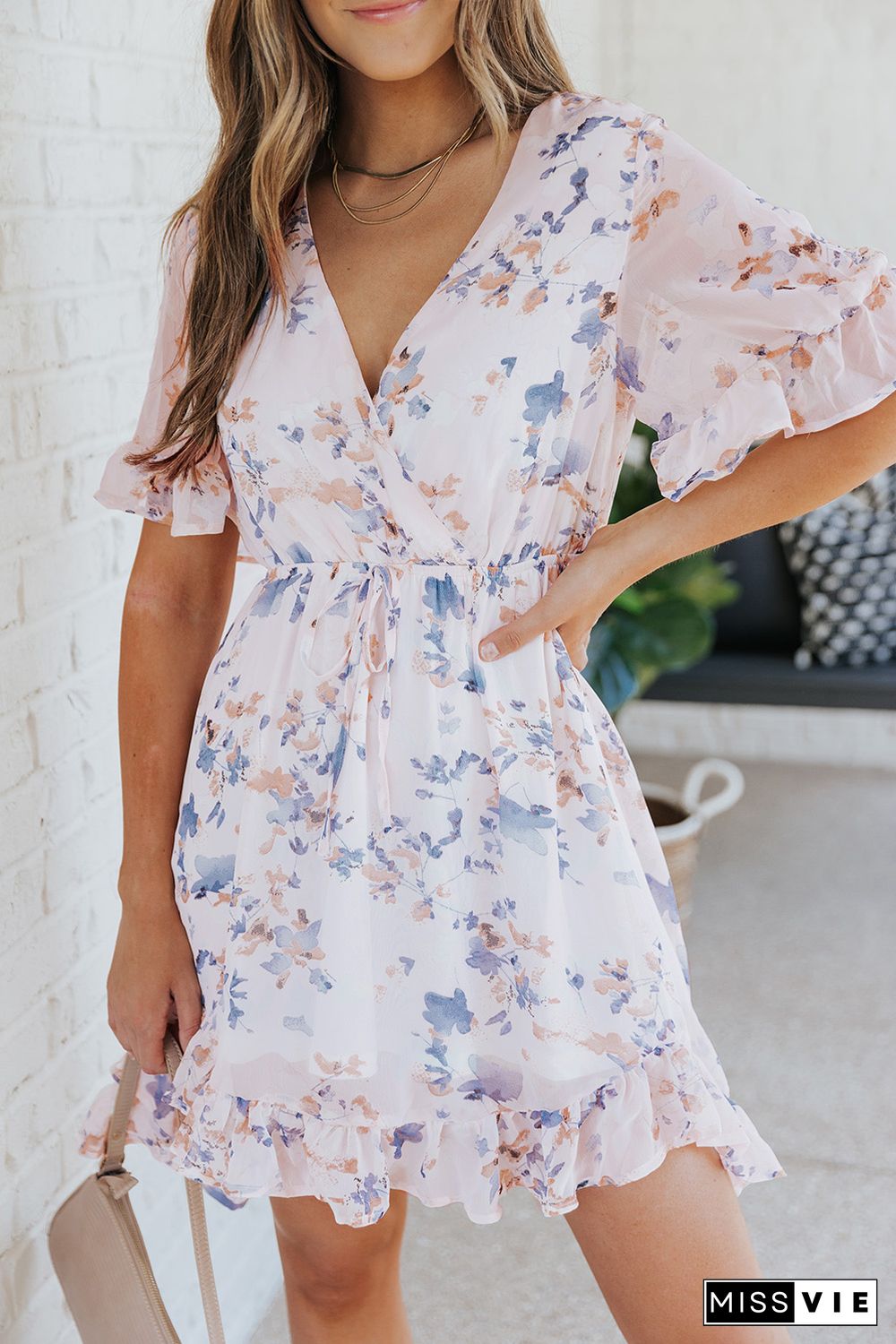 Pink Floral Print Flared Sleeve Ruffle Dress