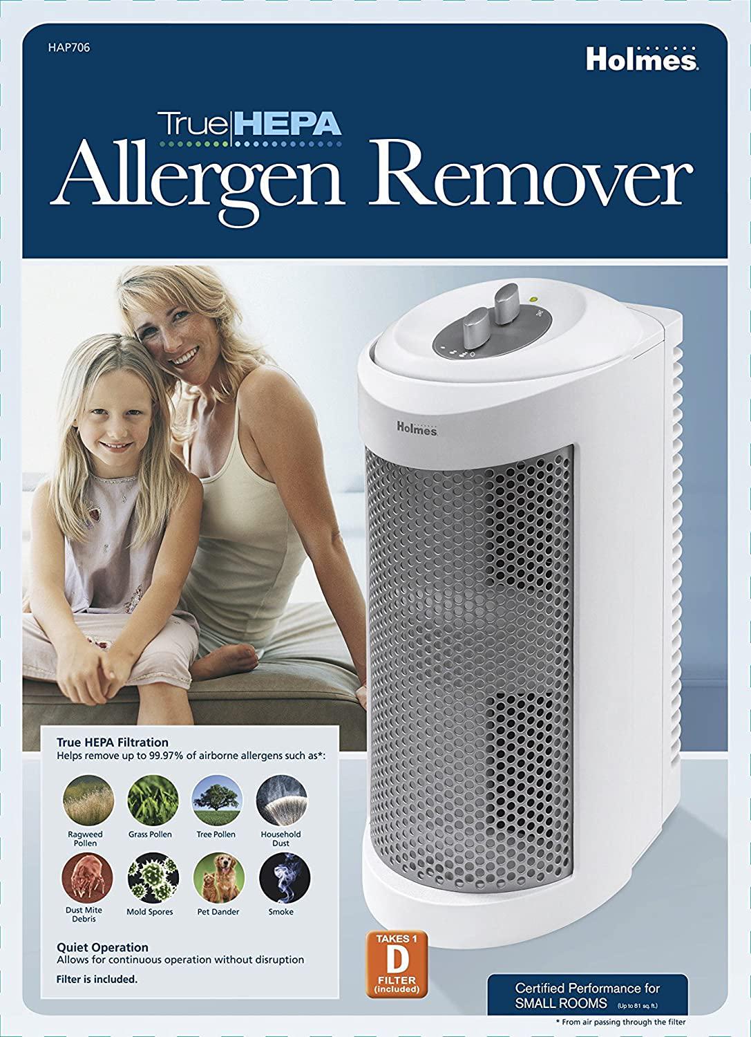 Holmes True HEPA Allergen Remover Mini Tower Air Purifier with Optional Ionizer for Small Spaces， White (HAP706-NU-1)