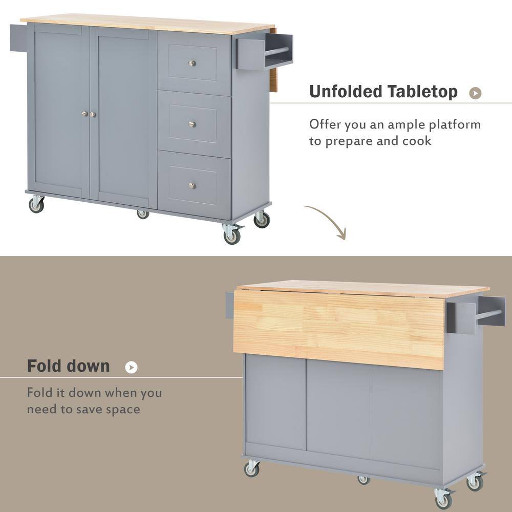 Runesay Gray Blue Rolling Mobile Kitchen Island with Solid Wood Top and Locking Wheels Storage Cabinet Drop Leaf Breakfast Bar EC-KCGB-5163