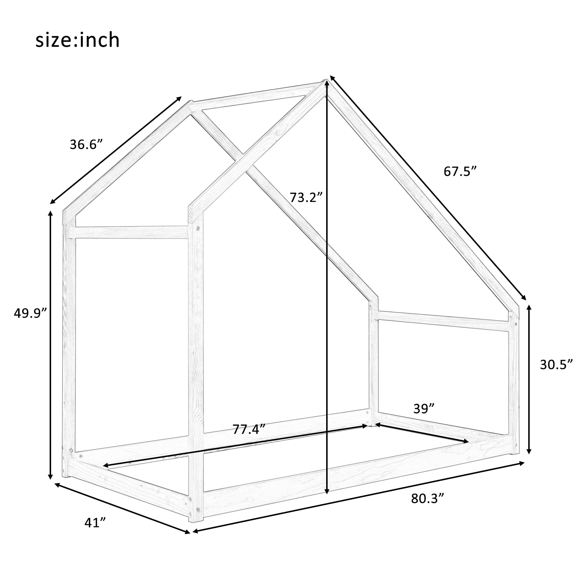 Twin House Bed Frame, Wood Floor Bed for Kids, Toddlers, Easy Assembly, Natural
