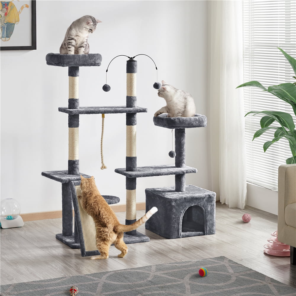 SMILE MART Multilevel Plush Cat Tree Activity Tower Play Center with Sisal Scratching Posts， Dark Gray