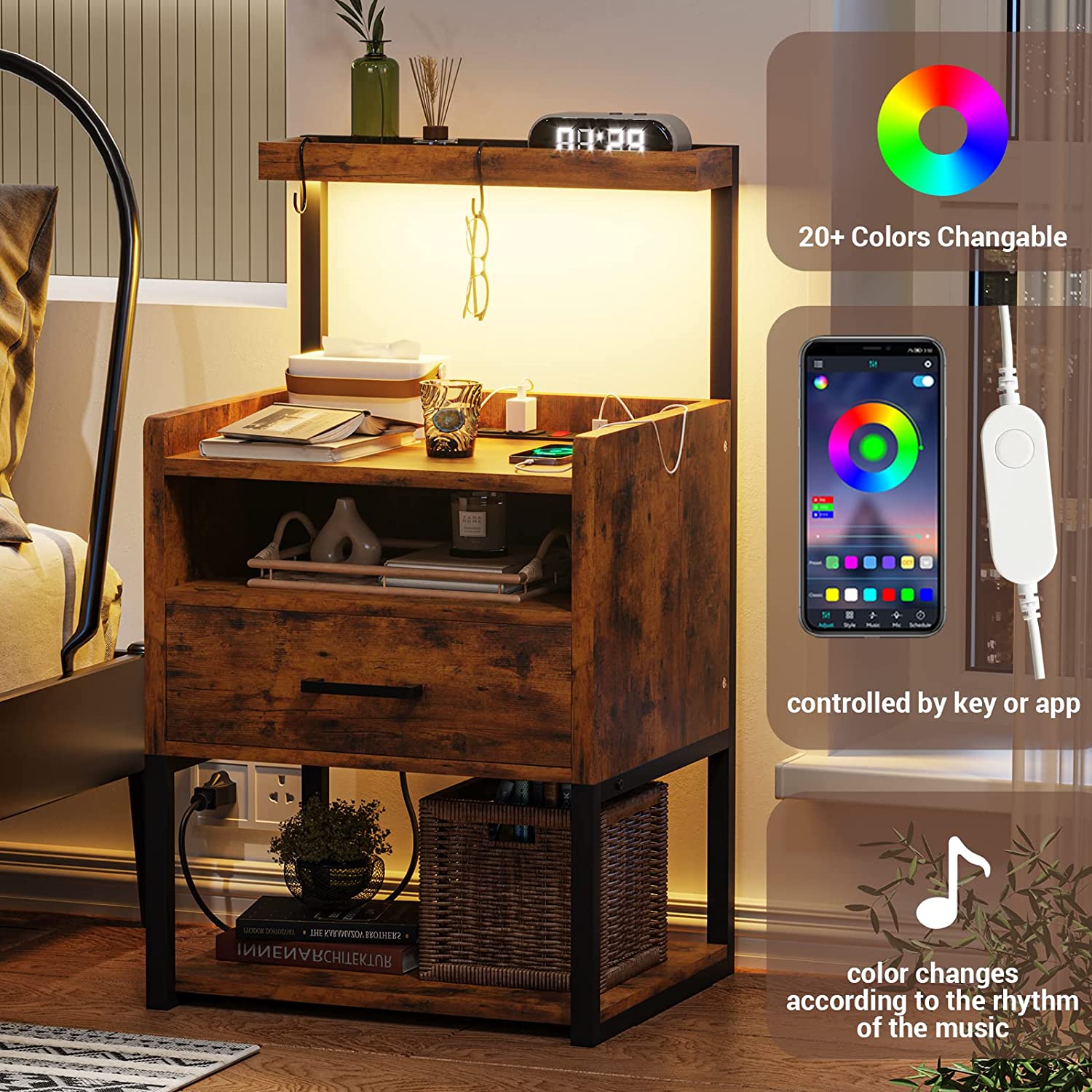 Nightstand Set of 2 with Charging Station and USB Ports, LED Bedside Table, Rustic Brown