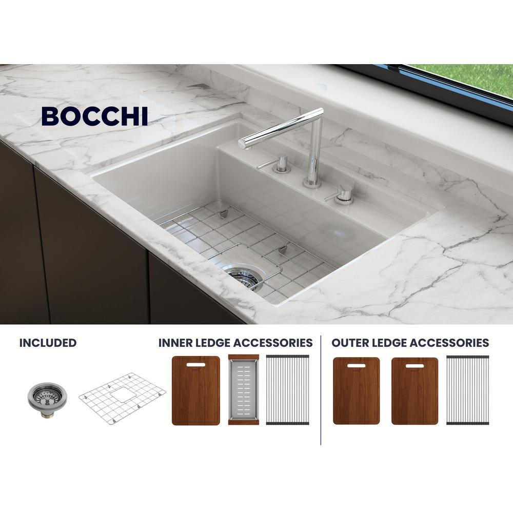 BOCCHI Baveno Uno White Fireclay 27 in. Single Bowl UndermountDrop-In 3-hole Kitchen Sink wIntegrated WS and Acc. 1633-001-0127