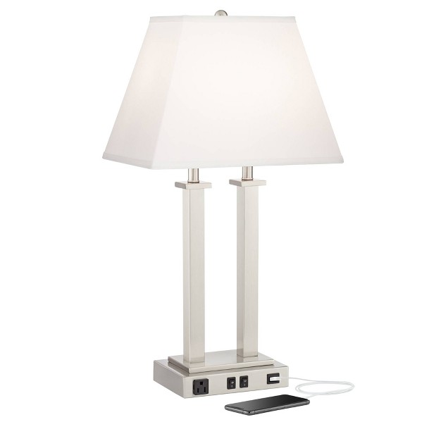 High Brushed Nickel With Usb And Ac Power Outlet In Base White Linen Shade For Bedroom Bedside Desk