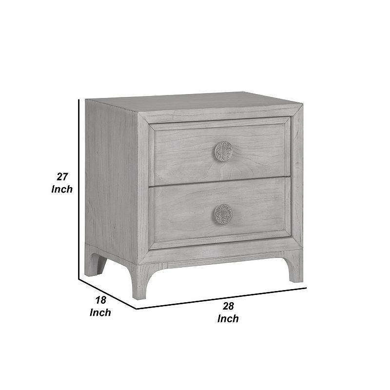 28 Inch Lou Wood 2 Drawer Bedroom Nightstand， Wood Knobs， Washed White