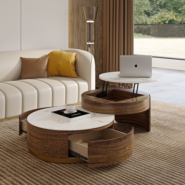 Modern Nesting Lift-Top Round Coffee Tables Set， Marble Finished