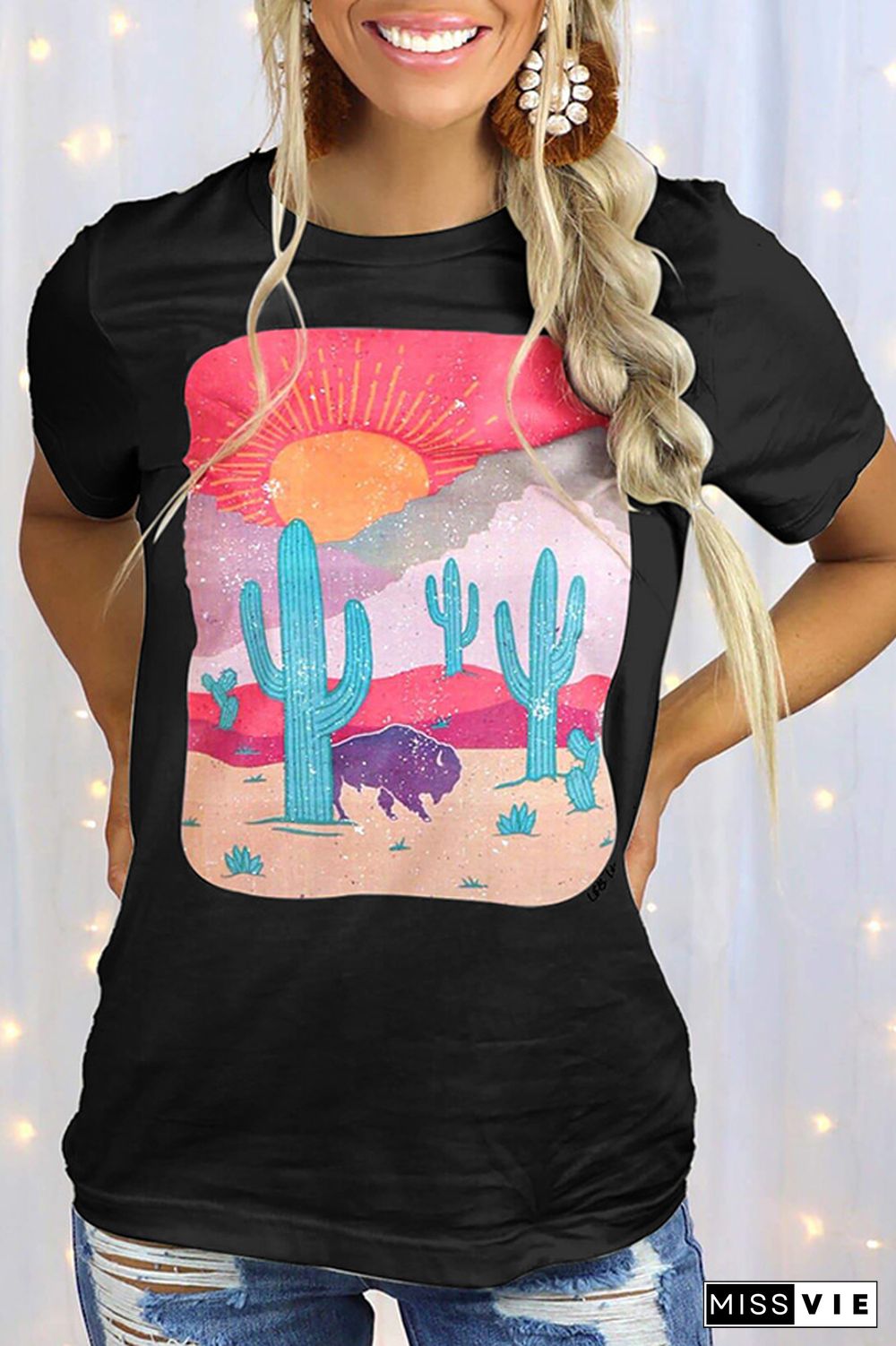 Cactus and Desert Print Graphic Tees for Women Wholesale Short Sleeve T shirts Top