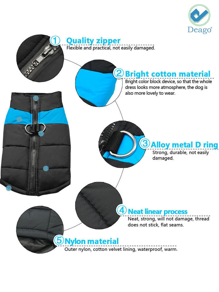 Deago Dog Warm Vest Jacket Coat Pet Waterproof Cold Winter Cat Clothes for Small Dogs Up to 15lbs