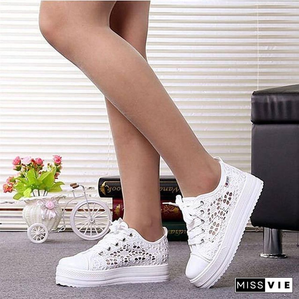 Women Shoes Fashion Summer Casual White Shoes Cutouts Lace Canvas Hollow Breathable Platform Flat Shoes Woman Sneakers