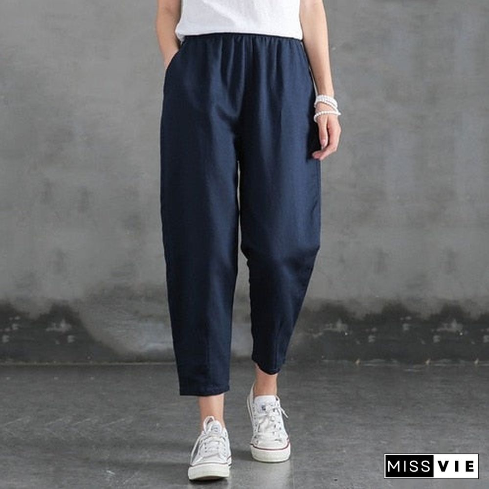 Women's Harem Pants Summer Vintage Cotton Linen Capri Pants Female Casual Loose Plus Size Ankle Length Mom Pant Woman Trousers