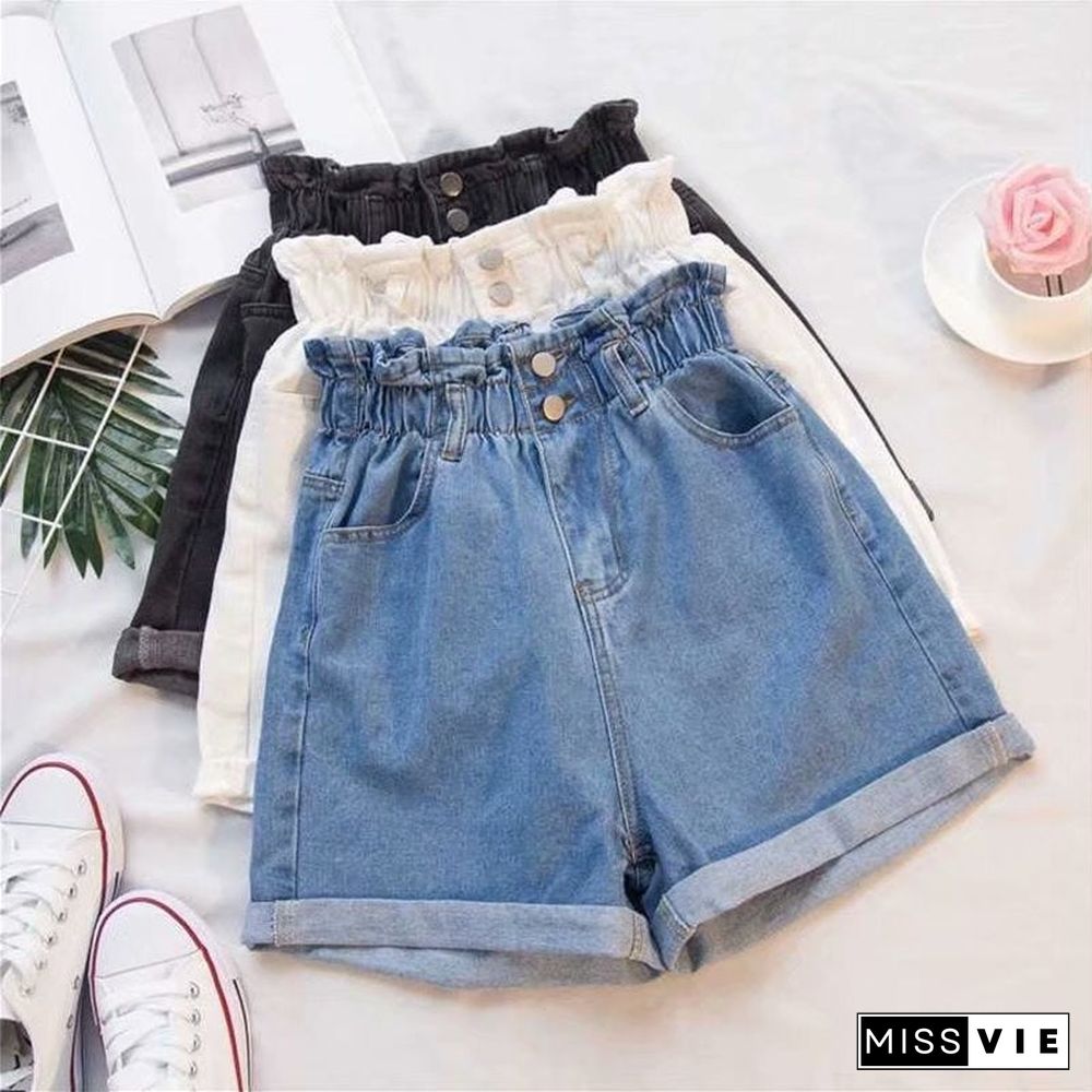 Denim Shorts Women Summer Korean Style Fashion Elastic High Waisted Shorts Oversize Ladies Loose Wide Leg Short Jeans for Woman