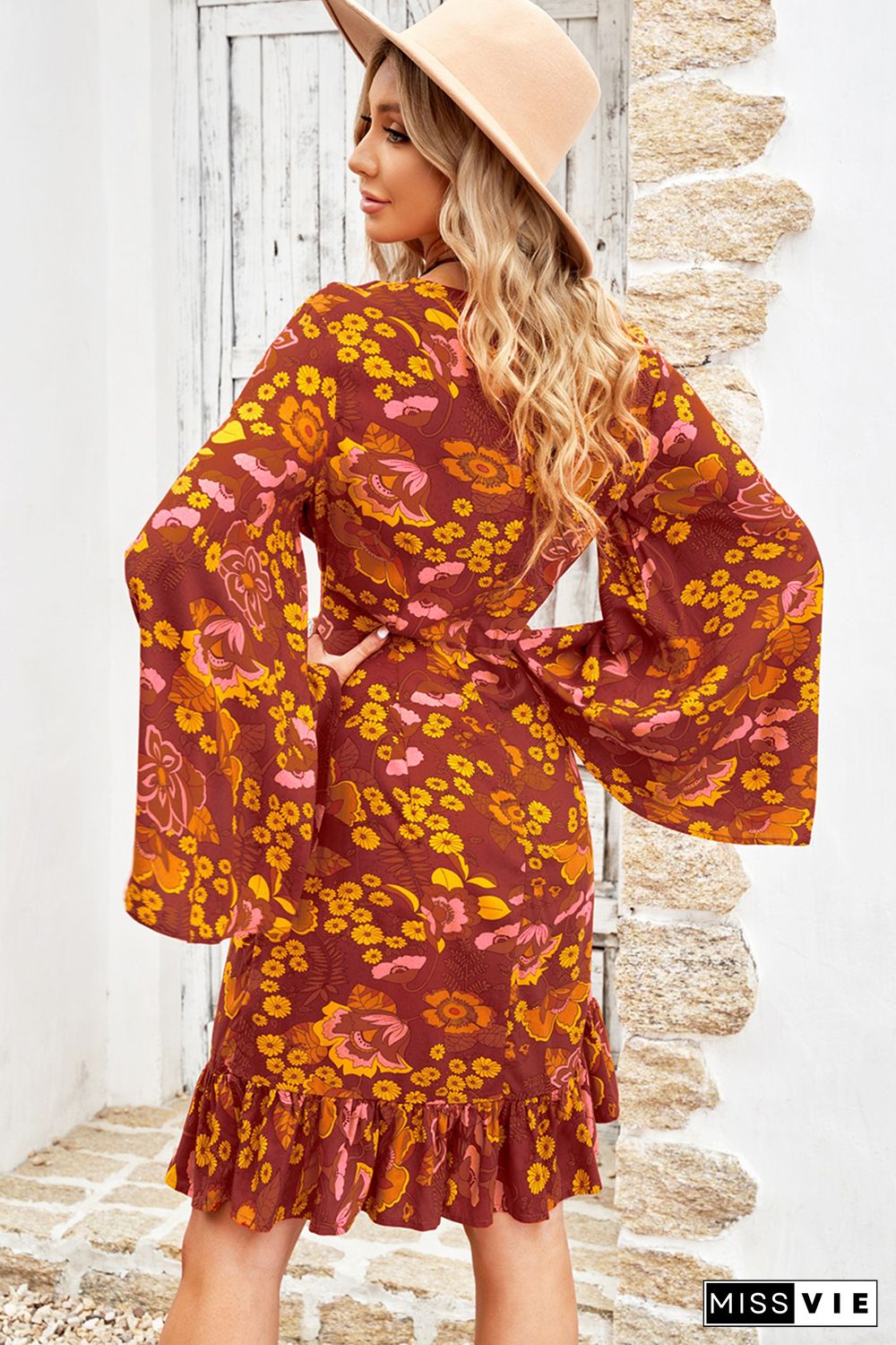 Boho Floral Print Ruffled Long Sleeve Mini Dress