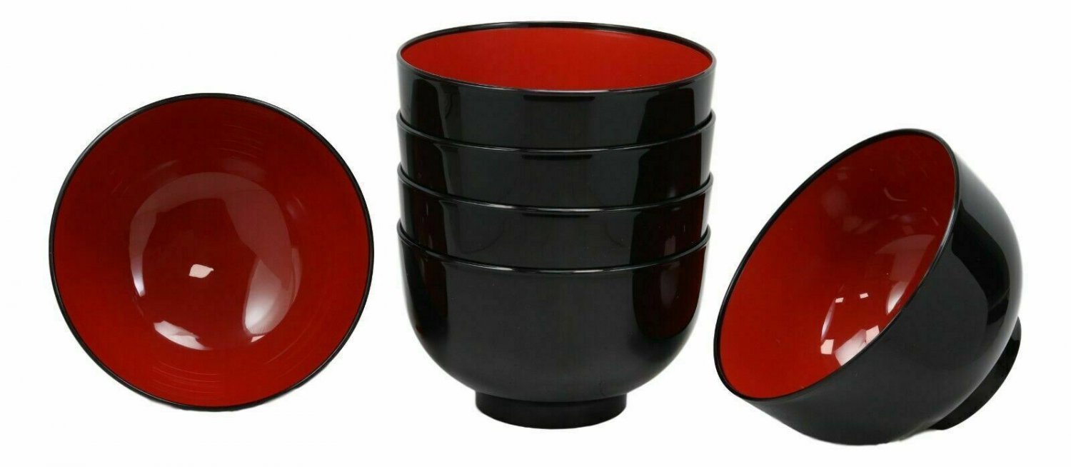 1 Black Red Lacquer Copolymer Plastic Large Ramen Bowl 38oz Set of 6 EBR02