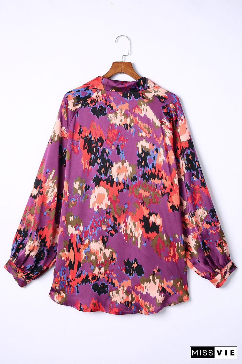 Purple Plus Size Abstract Print V-Neck Long Sleeve Blouse