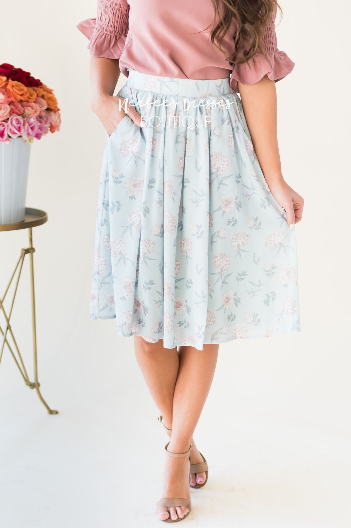 Pastel Blue Floral Chiffon Skirt