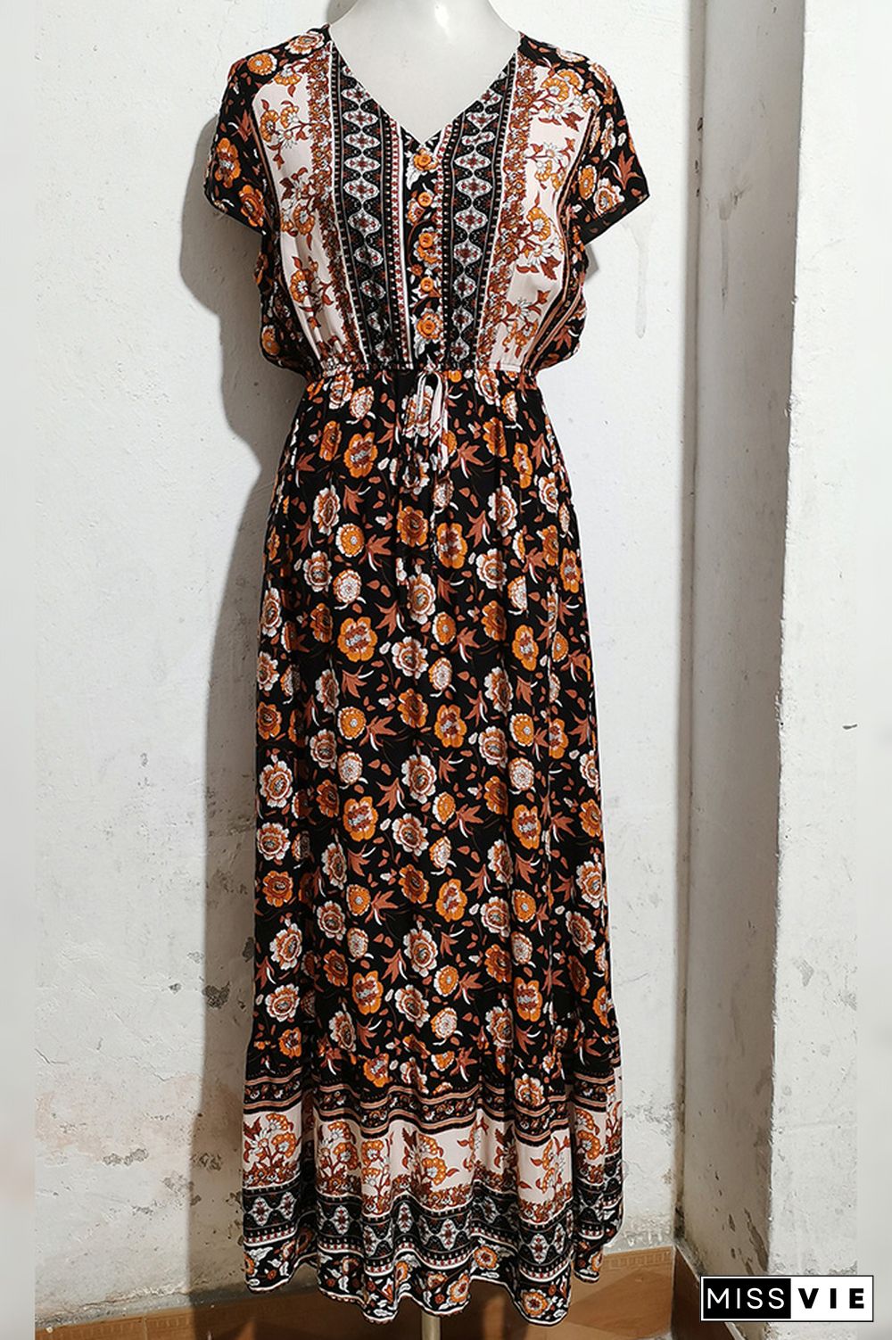 V Neck Buttoned Drawstring Bohemian Print Maxi Dress