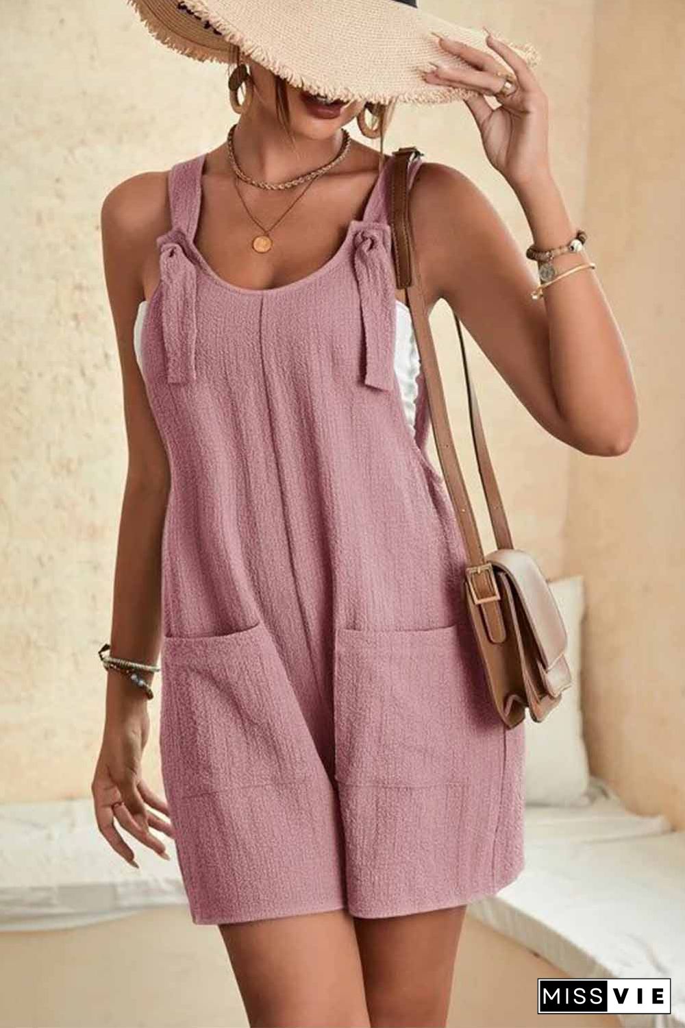 Pink Adjustable Straps Pocketed Textured Romper