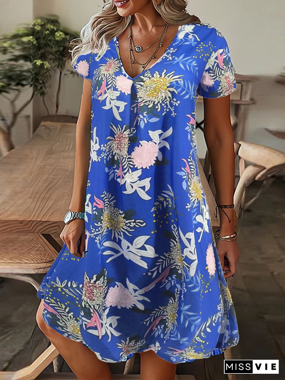 Women's Short Sleeve V Neck Floral Printed Casual Midi Dress