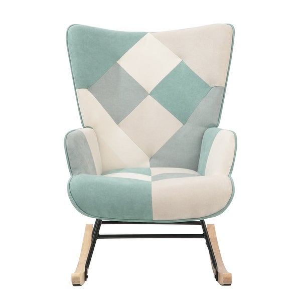 Fabric Rocker Chair with Wood Legs and Patchwork Linen