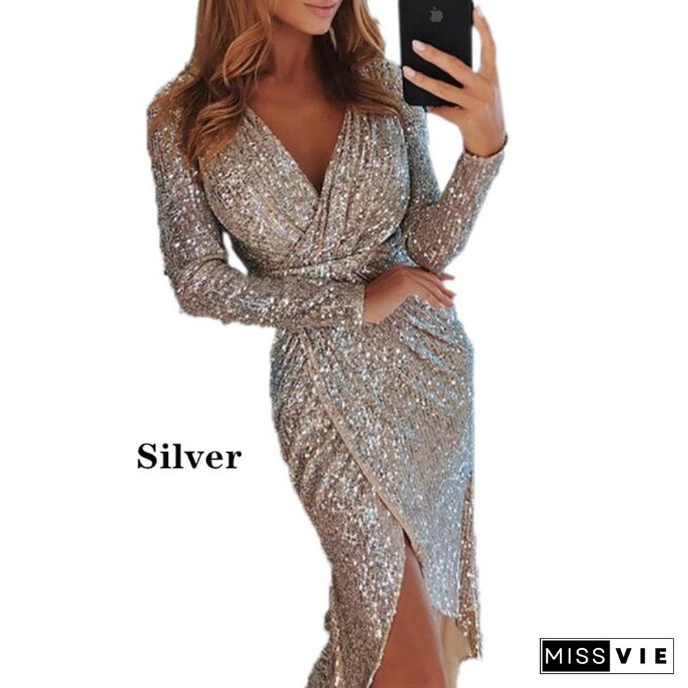 Midi Mini Fashion Women Sexy Club Dress Gift Lady Large Evening Dress Sexy Lady Sequin V-Neck High Open Wrap Dress Plus Size S-Xxxl