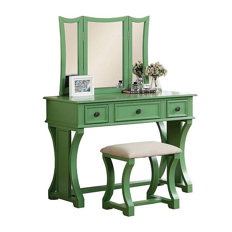 Modish Vanity Set Featuring Stool And Mirror Green