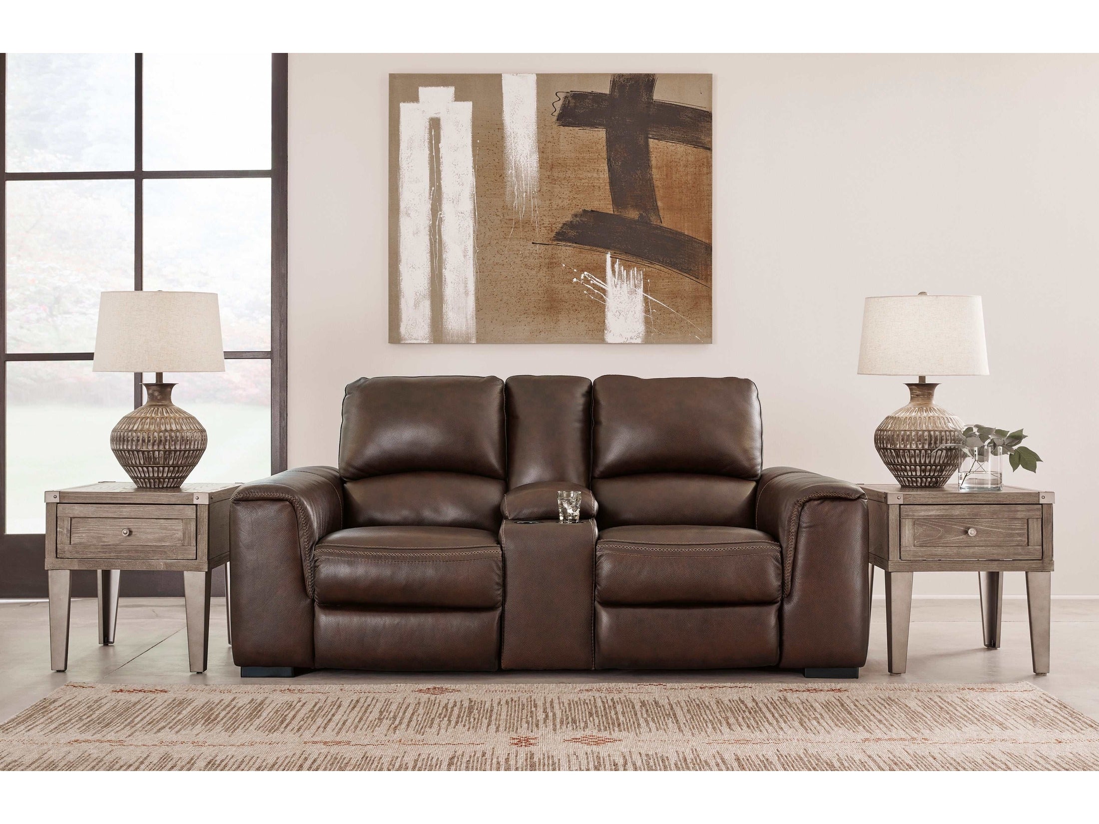 (Online Special Price) Alessandro Walnut Power Leather-match Reclining Loveseat w/ Console