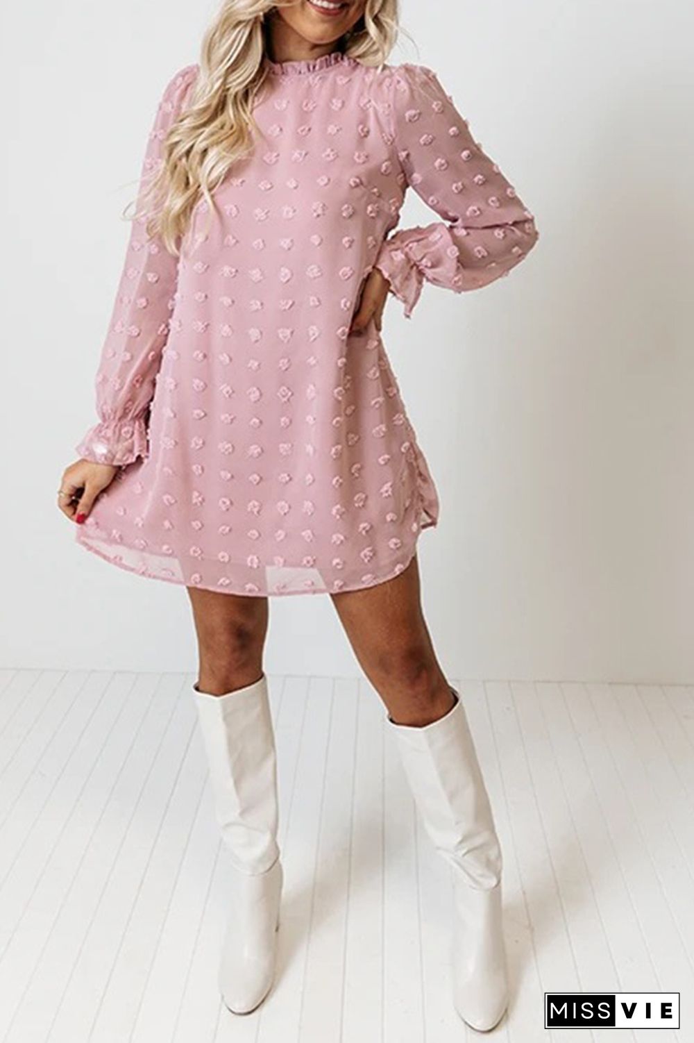 Sweet Chiffon Jacquard Bubble Long Sleeves Mini Dress Wholesale