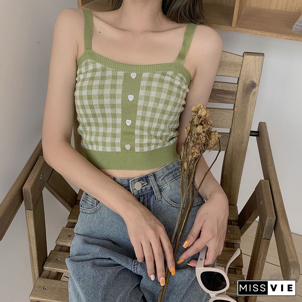 Women's Sexy Bottoming Crop Top Retro Sweet Plaid Pattern Knit Popular Camisole Cotton Slim Sexy Tops