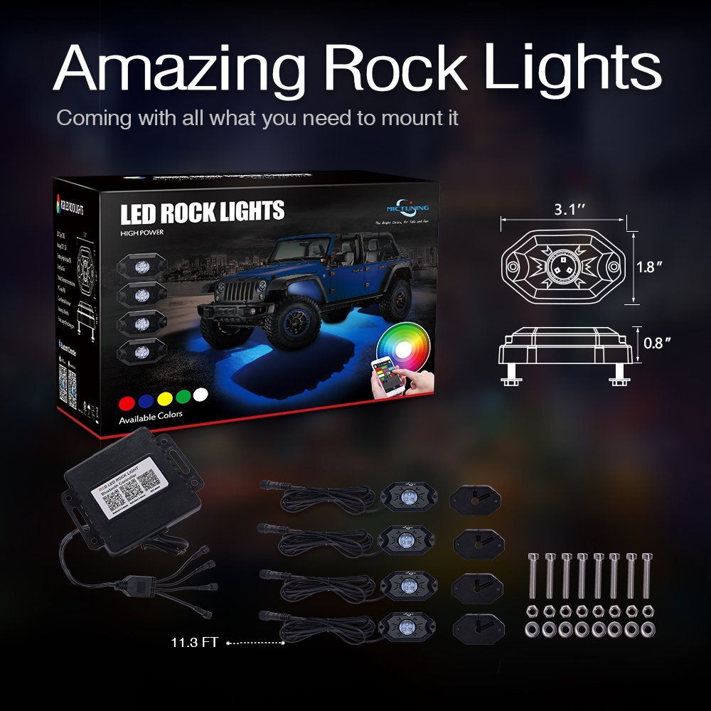 MICTUNING 4 Pods 2nd-Gen RGB LED Rock Light Neon Light with Bluetooth Controller Music Mode  Timing Function