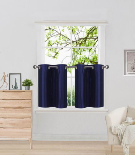 D2 Navy Blue 1-Pair of Solid Insulated  Grommet Treatment Curtains for Short Windows， Livingroom， Bathroom or Kitchen， Two (2) Piece Faux Silk Blackout Tier Panels 30 Wide x 24 Length Each