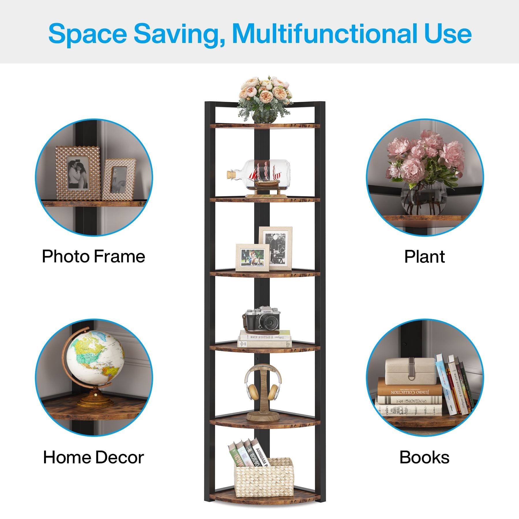 6-Tier Corner Shelf, Small Corner Bookshelf Storage Rack