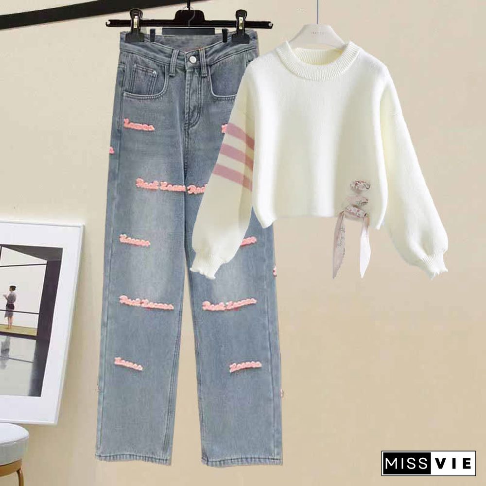 Lace Up Stripe Sleeve Sweater Letter Embroidery Casual Denim Pants