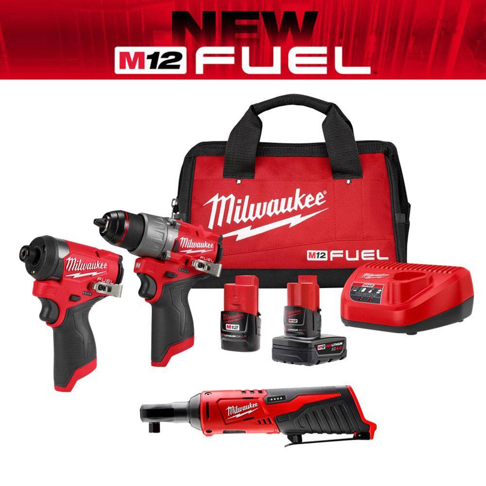 MW M12 FUEL 12-Volt Li-Ion Brushless Cordless Hammer Drill and Impact Driver Combo Kit (2-Tool) with M12 38 in. Ratchet 3497-22-2457-20