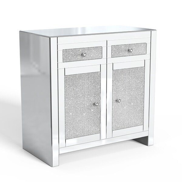 Mirrored Accent Cabinet， Silver TV Console Cabinet Modern Glass Sideboard with 2 Drawers and 2 Cabinets