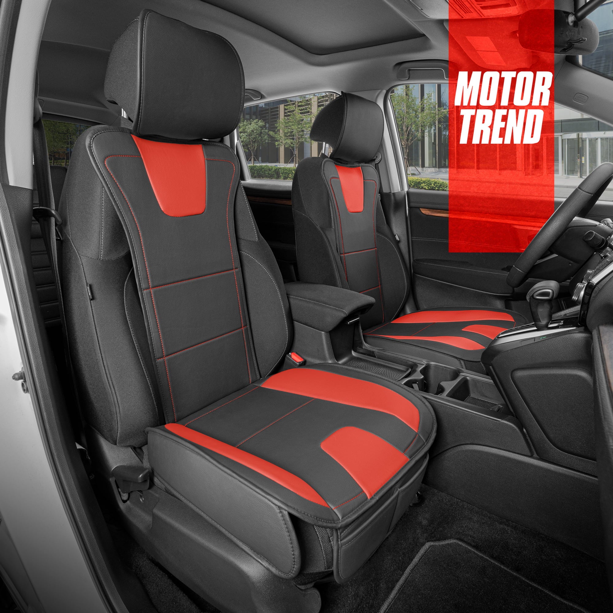 Motor Trend DuraLuxe Faux Red Leather Seat Covers for Car Truck Van and SUV， 2 Piece Set – Premium Front Seat Cushion Covers with Universal Fit Design， Padded for Comfort with Front Storage Pockets