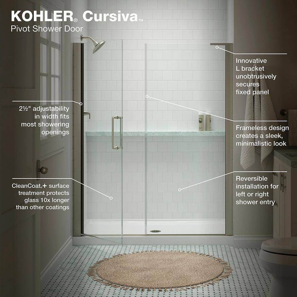 KOHLER Cursiva 60 in. W Pivot Shower Door in Anodized Brushed Nickel K-R707627-8L-BNK