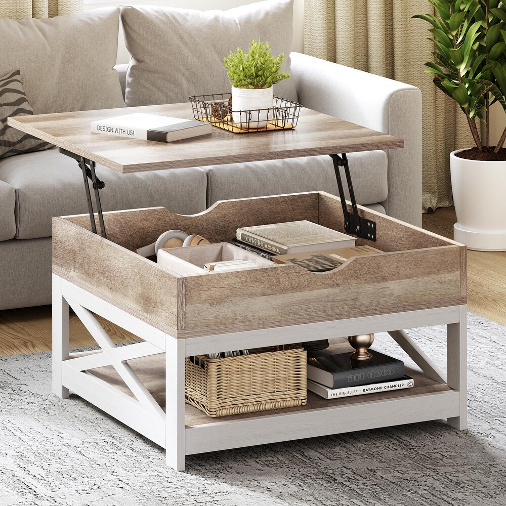 Moasis Farmhouse Lift Top Square Coffee Table with Storage and Shelf