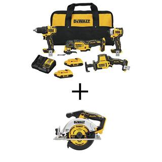 DW ATOMIC 20V MAX Lithium-Ion Cordless Brushless 4 Tool Combo Kit and 20V MAX Cordless Brushless 6.5 in. Circular Saw DCK489D2WCS565B