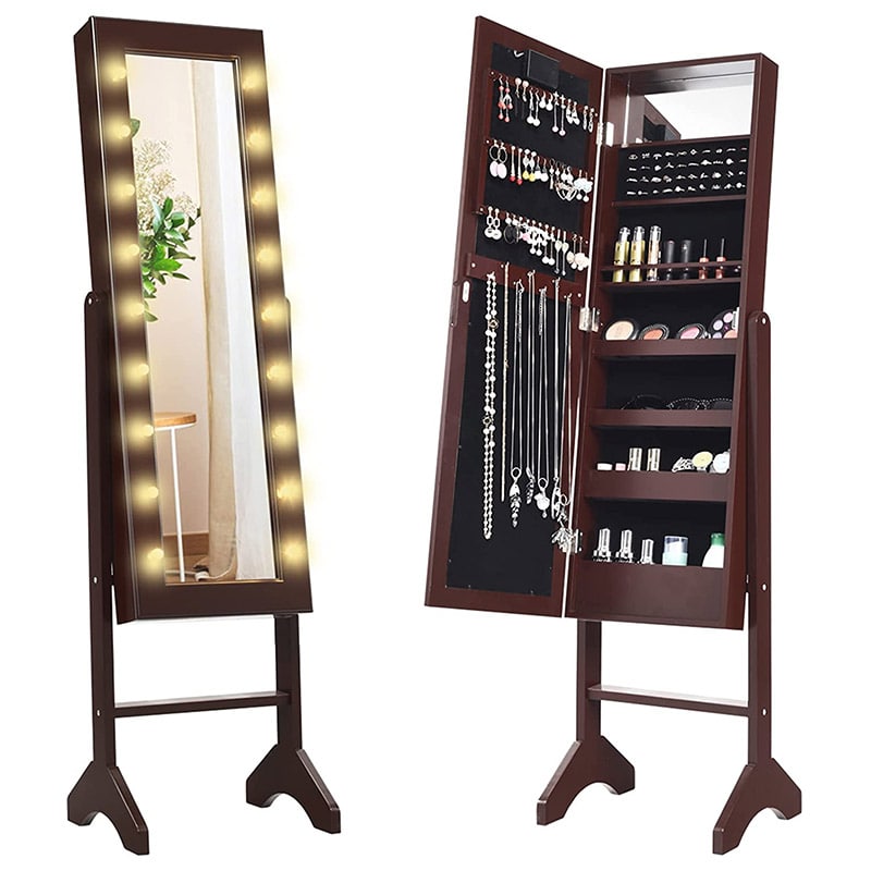 18 LEDs Large Standing Jewelry Armoire Cabinet Makeup Mirror with Full-Length Mirror 16 Lipstick Holder