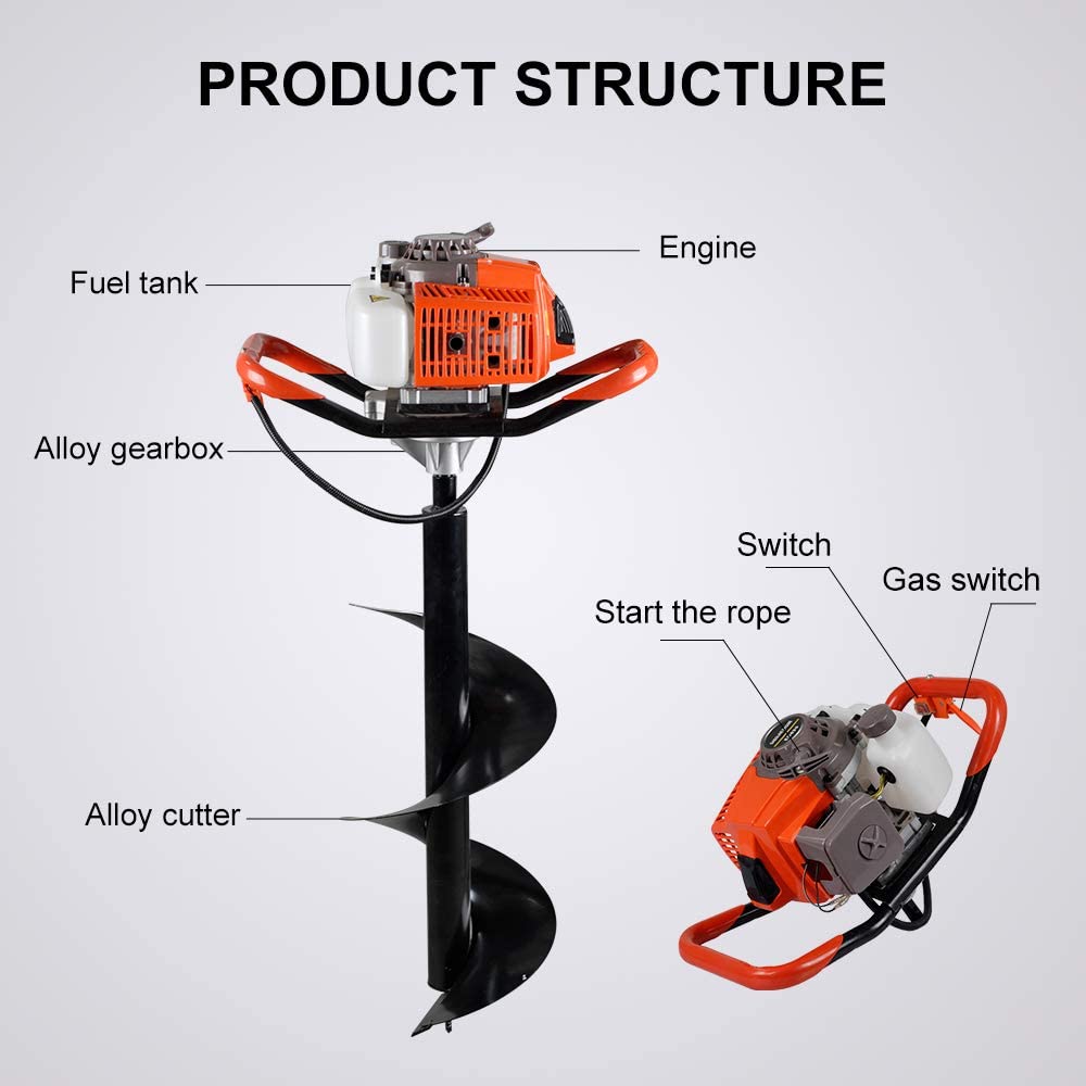 Dc House Hand-Held Gas Powered 62cc Post Hole Digger with 6"10"12" Earth Augers Extension Rods 3 Packages