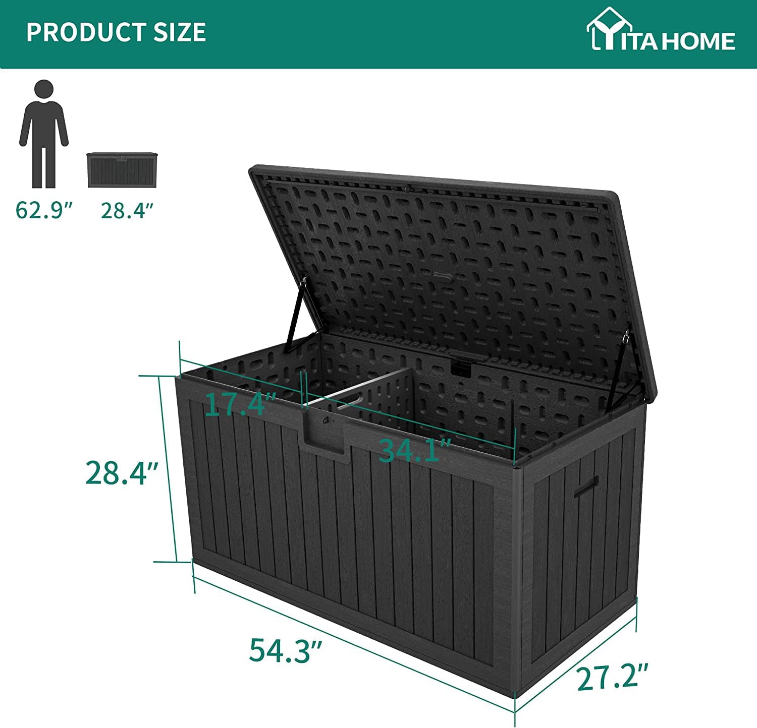 YITAHOME XL 150 Gallon Large Deck Box, Outdoor Storage for Patio Furniture Cushions, Garden Tools and Pool Toys with Flexible Divider, Waterproof, Lockable (Black)