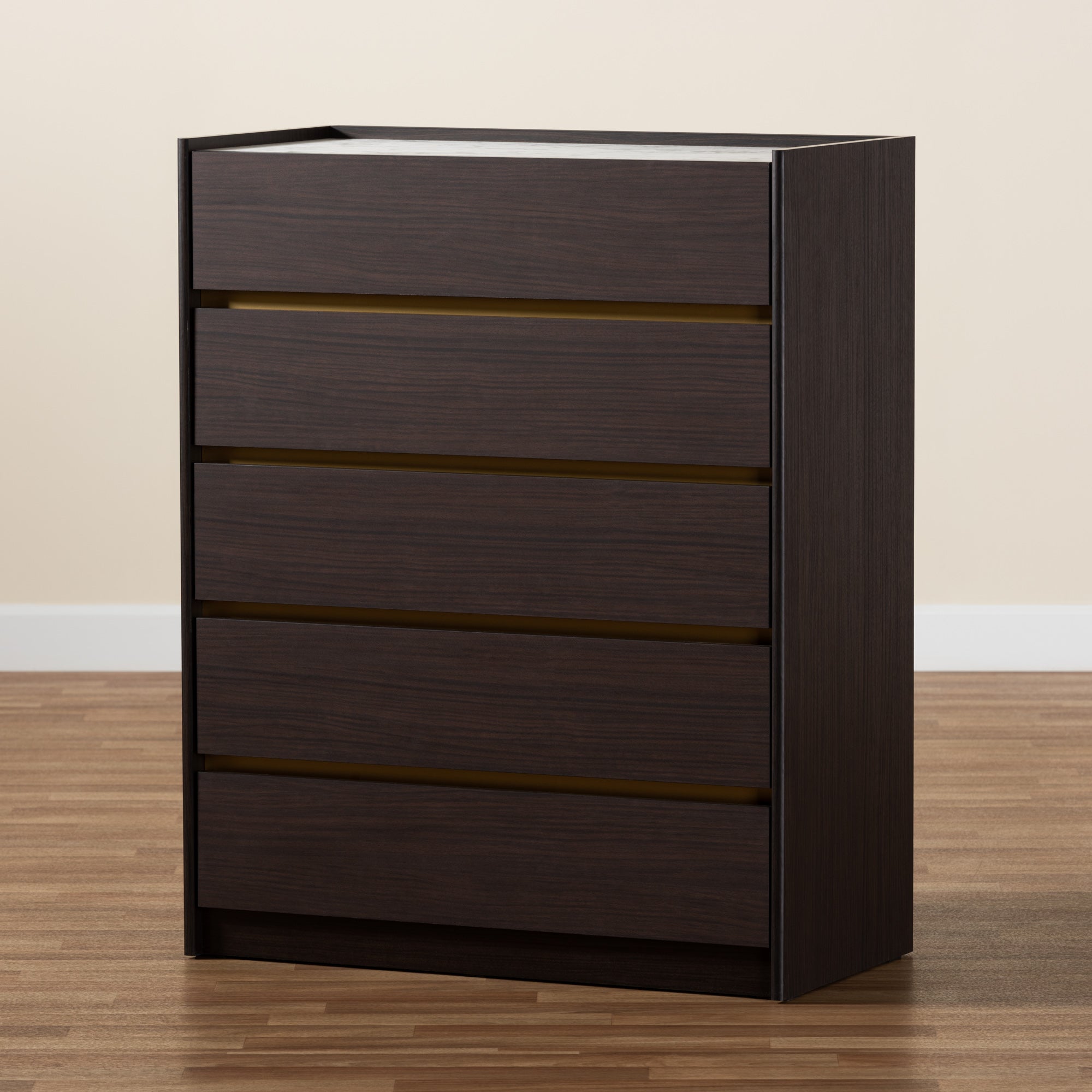 Baxton Studio Walker Modern and Contemporary Dark Brown and Gold Finished Wood 5-Drawer Chest with Faux Marble Top