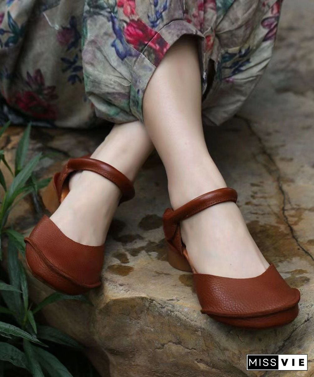 Retro Brown Buckle Strap Splicing Cowhide Leather Chunky Sandals