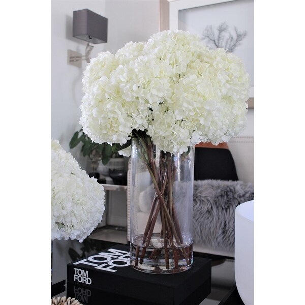 White Hydrangea Bouquet in clear glass cylinder vase