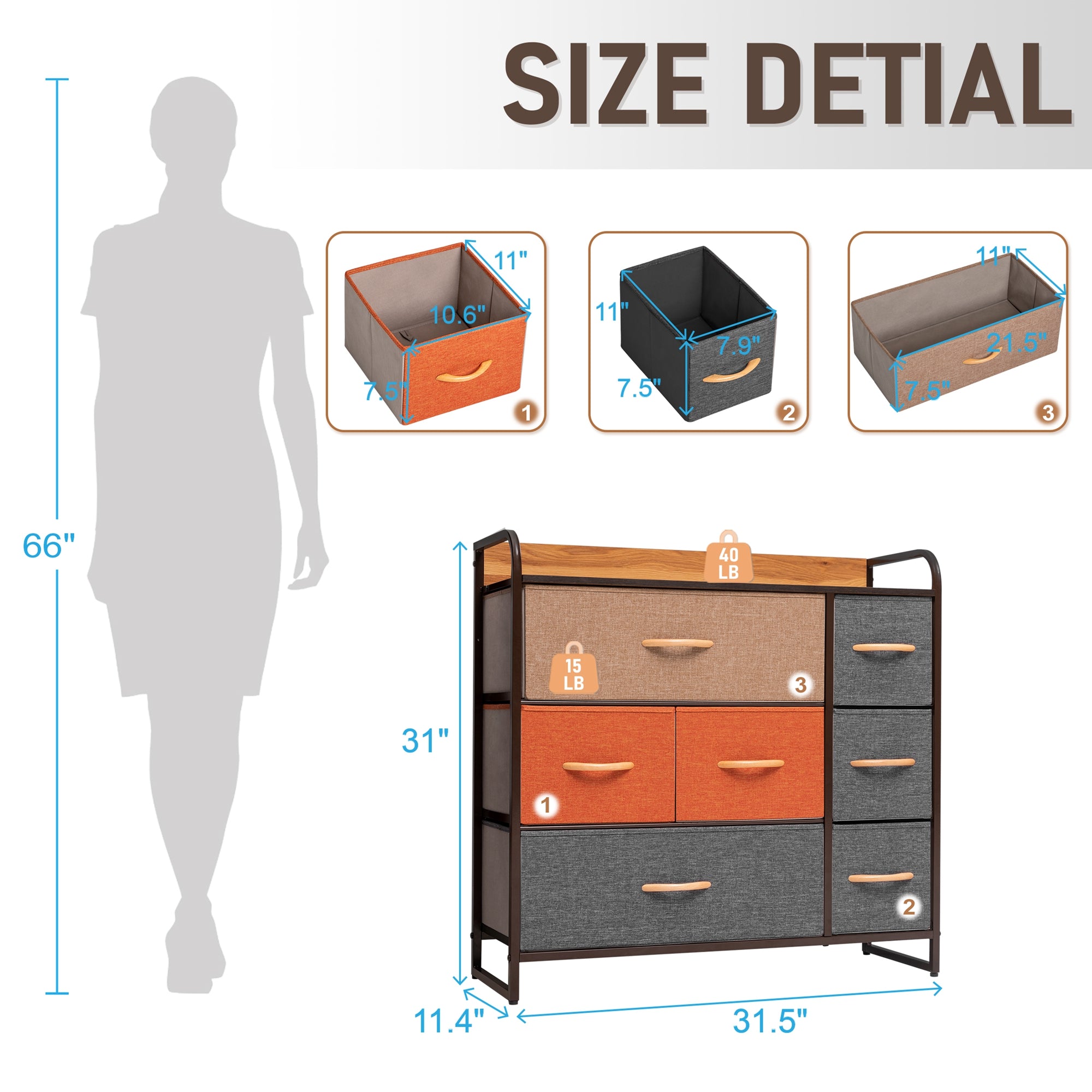 Cloud Fly 7 Drawers Dresser Storage Vertical Tower in Gray & Orange