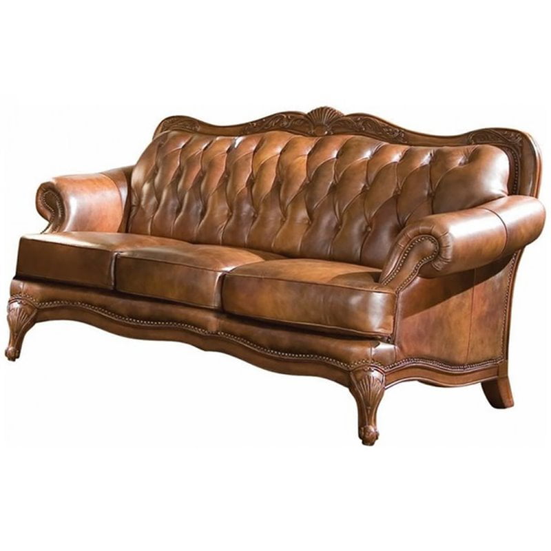 Kingfisher Lane Leather Tufted Sofa with Rolled Arms in Warm Brown