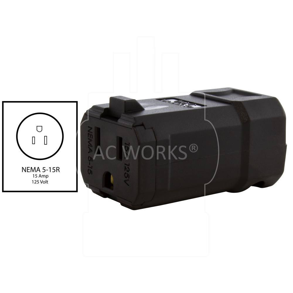 AC WORKS 15 Amp 125-Volt NEMA 5-15P Square Household Female Connector with UL C-UL Approval ASQ515R-BK