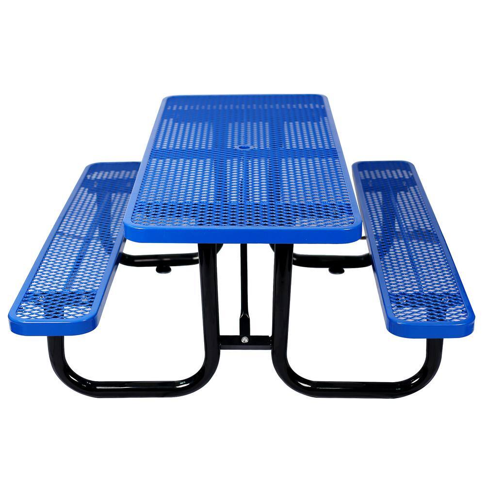 Afoxsos 6 ft. Blue Rectangular Outdoor Carbon Steel Picnic Table with Umbrella Pole DJHX015