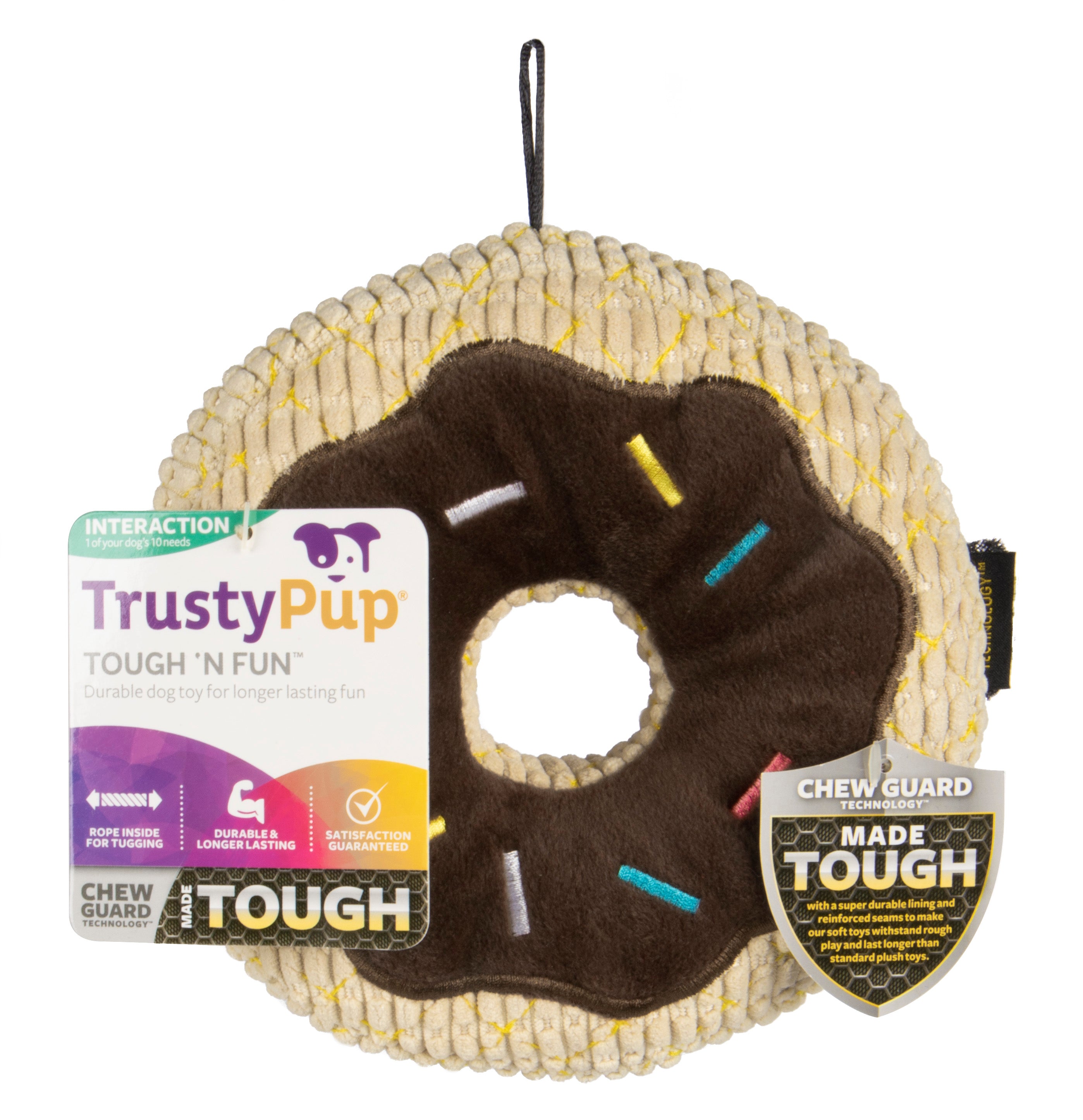 TrustyPup Tough 'N Fun Chocolate Donut Durable Plush Squeaker Dog Toy with Chew Guard Technology， Brown， Large